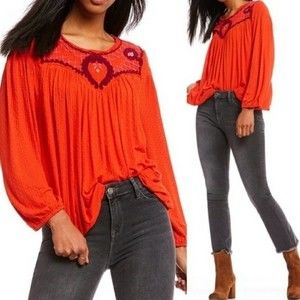 Free People Floral Embroidered Linen Blend Long Sleeve Top S Boho Chic Feminine